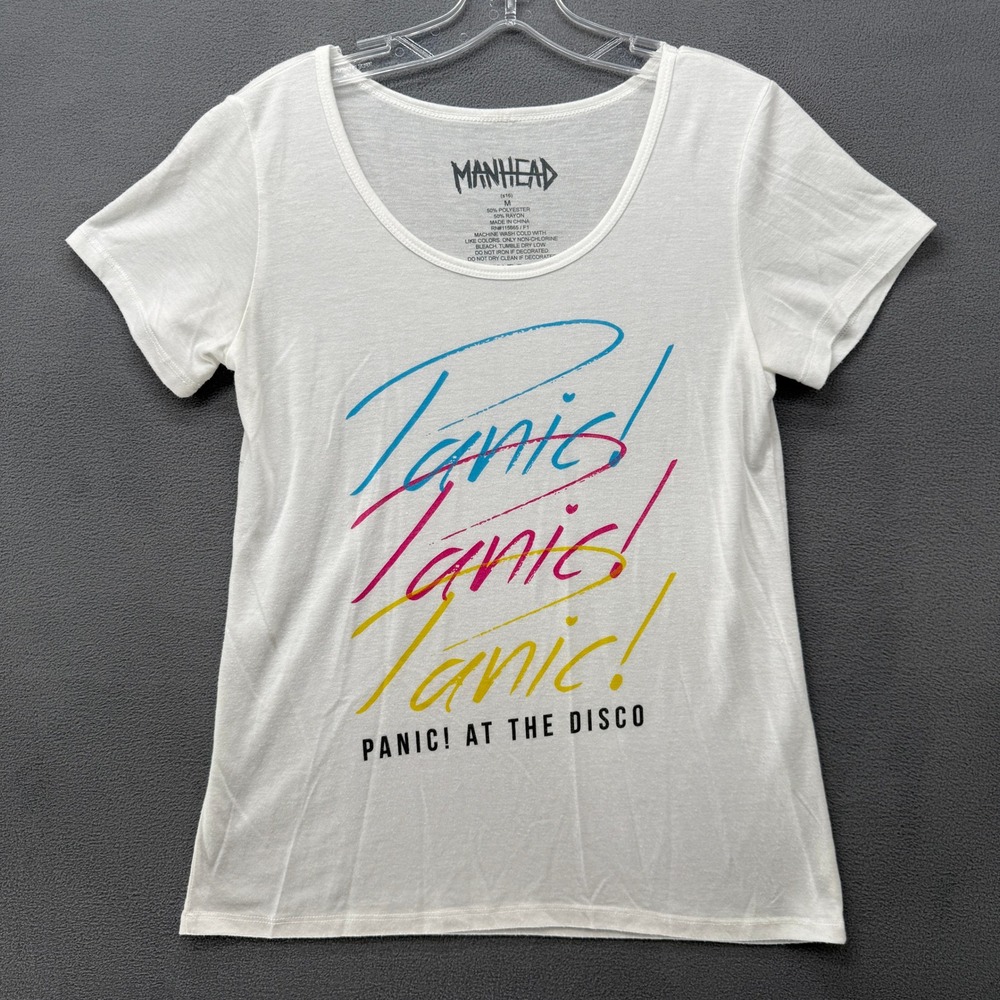 Manhead Panic At The Disco Womens White Graphic Band Tee Shirt Size M Scoop Neck